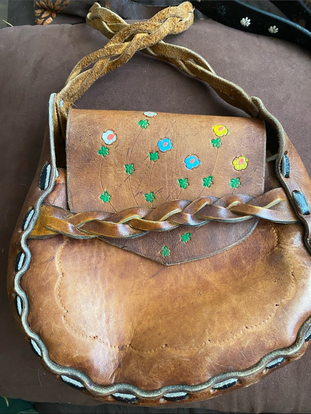 Vintage Brown Leather Shoulder Bag with Colorful Floral Accents